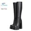 Größe 35–46 Damen-Kniehohe Stiefel mit quadratischer Zehenpartie, 15 cm Reißverschluss hinten, schwarze klobige Plateaustiefel, Europa und Amerika, neue Goth-Damenschuhe