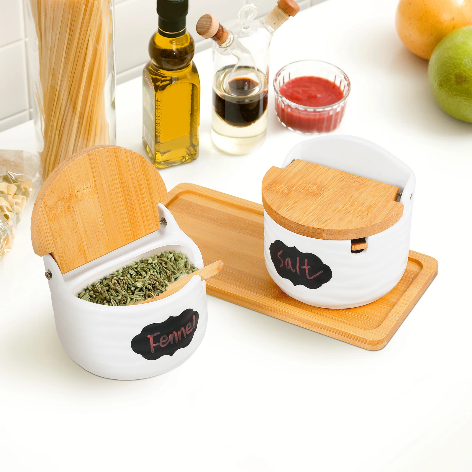 2 Stück Keramik-Gewürzglas mit Deckel, Löffel, Gewürzbox für Zucker, Salz, Gewürzflaschenbehälter mit Serviertablett, Küchenbedarf Image