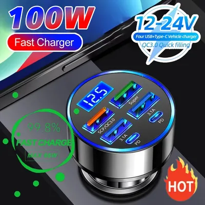 100W 6 Ports Car Charger Fast Charging PD QC3.0 USB C Car Phone Charger Type C Adapter in Car For iPhone Samsung Huawei Xiaomi