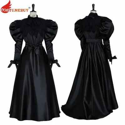 Viktorianisches Trauerkleid Gothic Schwarz Steampunk Ballkleid Damen Mittelalter Renaissance Hexenkleid Halloween Kostüm Image