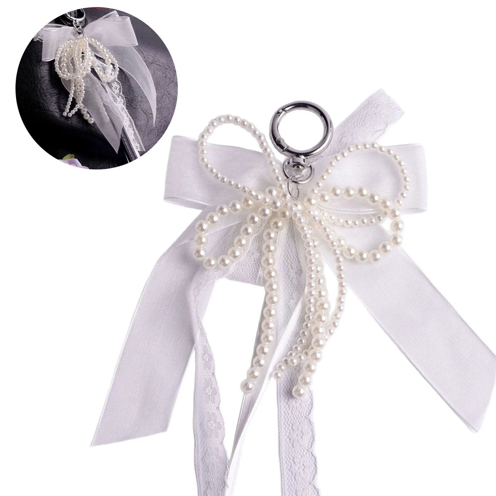 Schlüsselanhänger mit doppelter Schleife und Perlen, Band-Design, zierlicher Schlüsselanhänger mit Perlen für Mädchen, Frauen, Teenager, Geburtstagsgeschenk Image