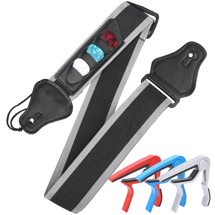 1 Satz 100 cm + graue Gitarrengurte mit 3 Stück SLL Pick Aluminiumlegierung Capo Gitarre Ukulele Bass Saiteninstrument Zubehör Image