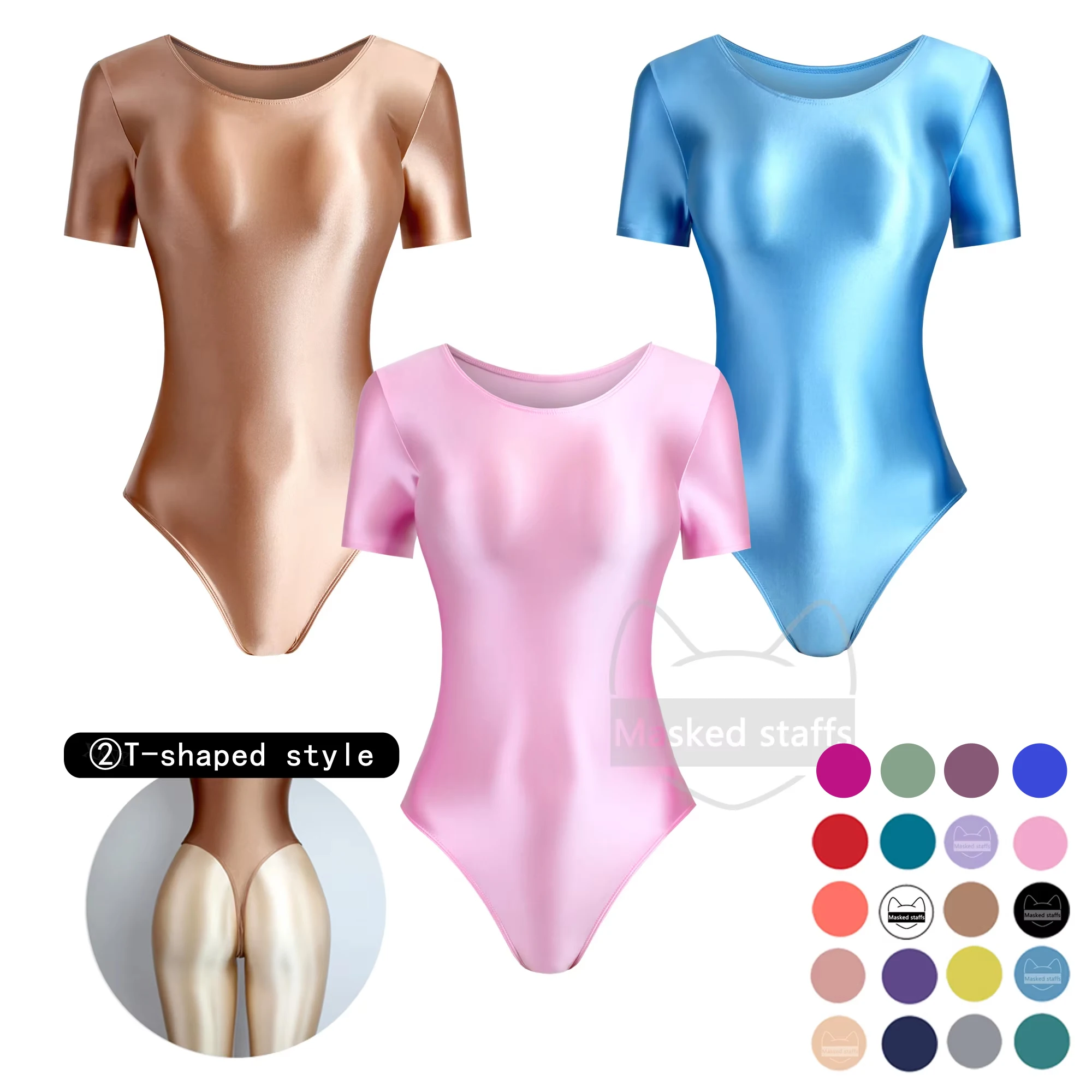 Neuer sexy seidig glänzender einteiliger Badeanzug mit hoher Gabel und kurzen Ärmeln, Strumpfhosen, öliger Strampler, Body mit Rundhalsausschnitt und T-Rücken-Boden Image