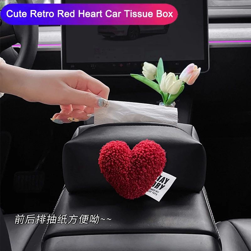 Nette Retro Rot Herz Auto Tissue Box Für Armlehne Papier Halter Auto Leder Hängen Serviette Tasche für Rücksitz Kopfstütze Lagerung Image