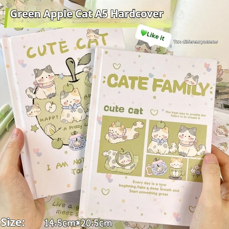Niedliches und frisches Cartoon-Notizbuch mit grüner Apfelkatze im Ins-Stil, hohe Schönheit, farbige Seite, Notizbuch, Studententagebuch, Handbuch, Schreibwaren Image