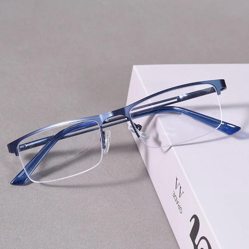 Herren-Lesebrille mit halbem Rahmen, modisch, quadratisch, Business-Rezeptbrille, blaues Licht blockiert + 100 + 200 + 300 + 400 Image