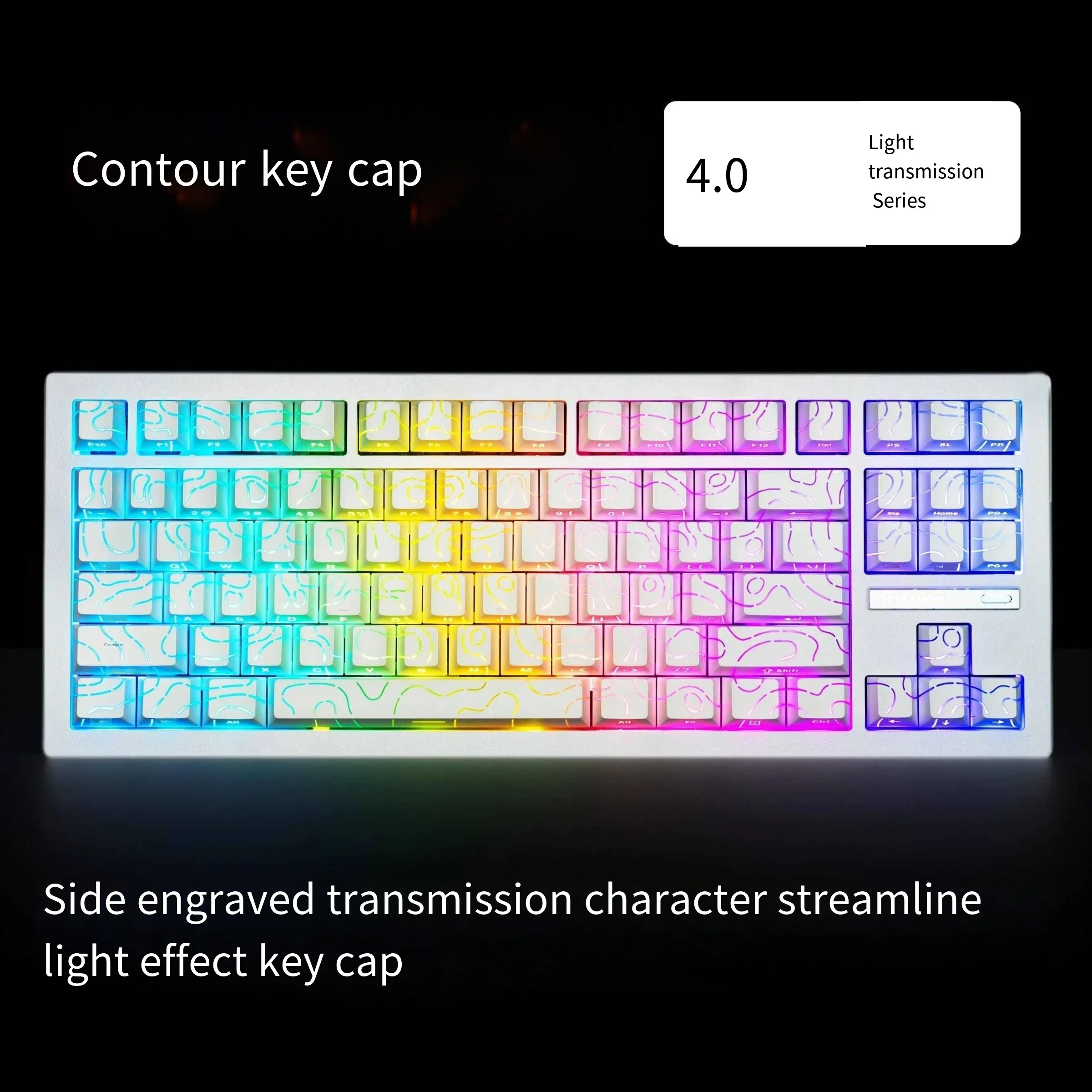 98-Tasten-Tastenkappen, weiß, topografisch, 4,0 PBT, Double Shot Side Print, glänzen durch mechanische MX Gamer-Tastatur mit Hintergrundbeleuchtung Image