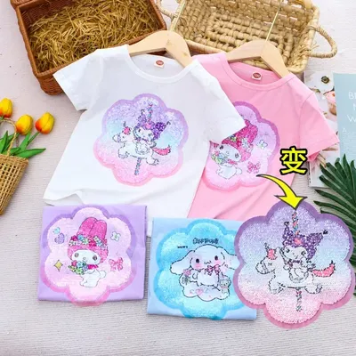Kuromi Cinnamoroll Melody T-shirt Sanrio Mädchen Anime Tees Kinder Sommer Farbwechsel Pailletten Spielzeug Kurzarm Kinder Kleidung