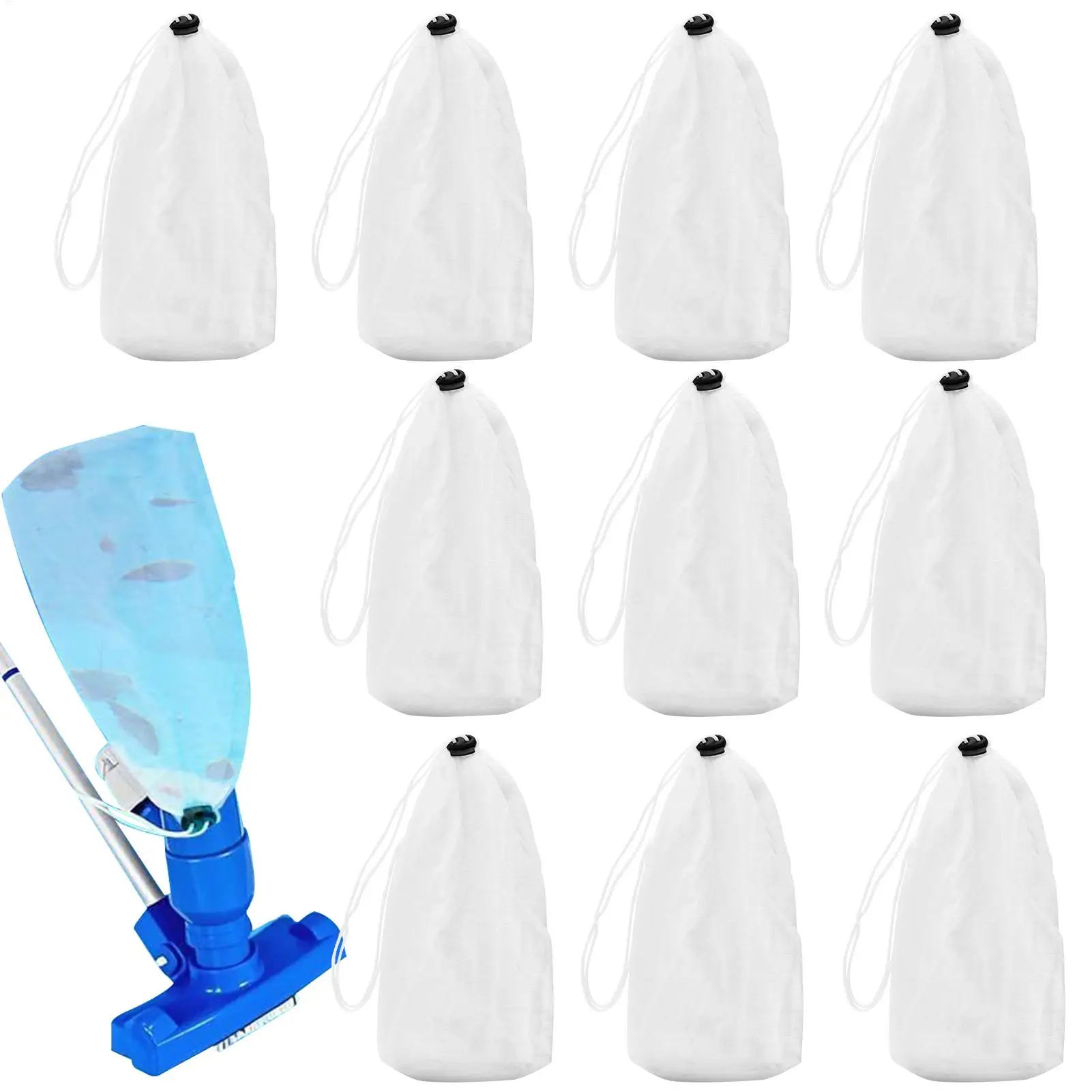 Pool-Staubsaugerbeutel, feinmaschige Pool-Staubsauger-Filterbeutel, 10 Stück, wiederverwendbare Nylonbeutel mit Verschlussschnur für Teiche, Wasser, Sand, Schmutz Image