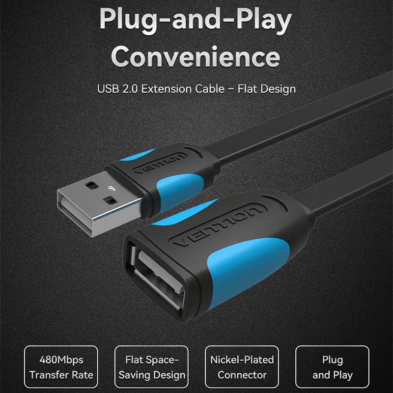 Vention USB 2.0-Verlängerungskabel, 1 m, 2 m, 3 m, Stecker auf Buchse, Verlängerungskabel, schnelle Geschwindigkeit, USB-Kabel, erweitert, für Laptop, PC, USB-Verlängerung Image