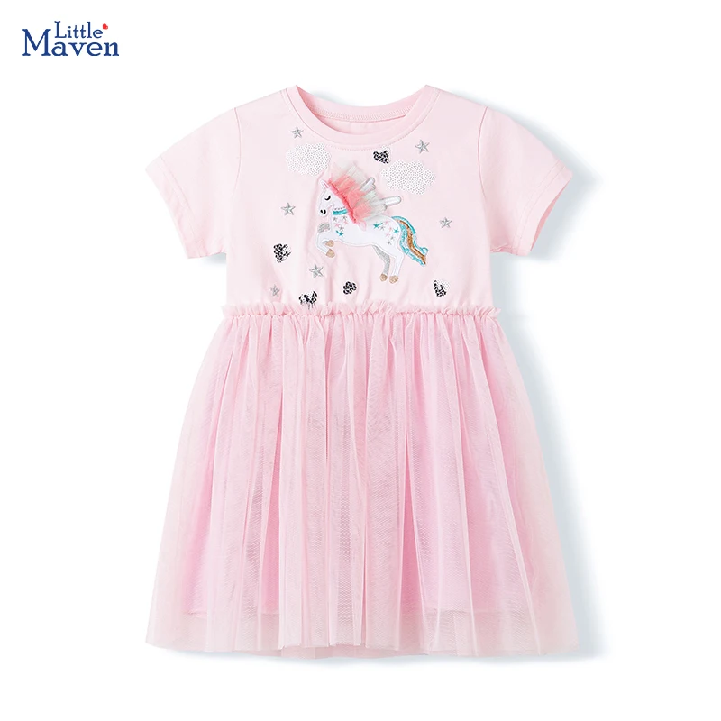 Little Maven Kinderkleidung für Babys, Mädchen, 2025, Sommer, bestickt, Cartoon, lässig, Einhörner, Kleider, rosa Kleider, Kinderkleidung Image