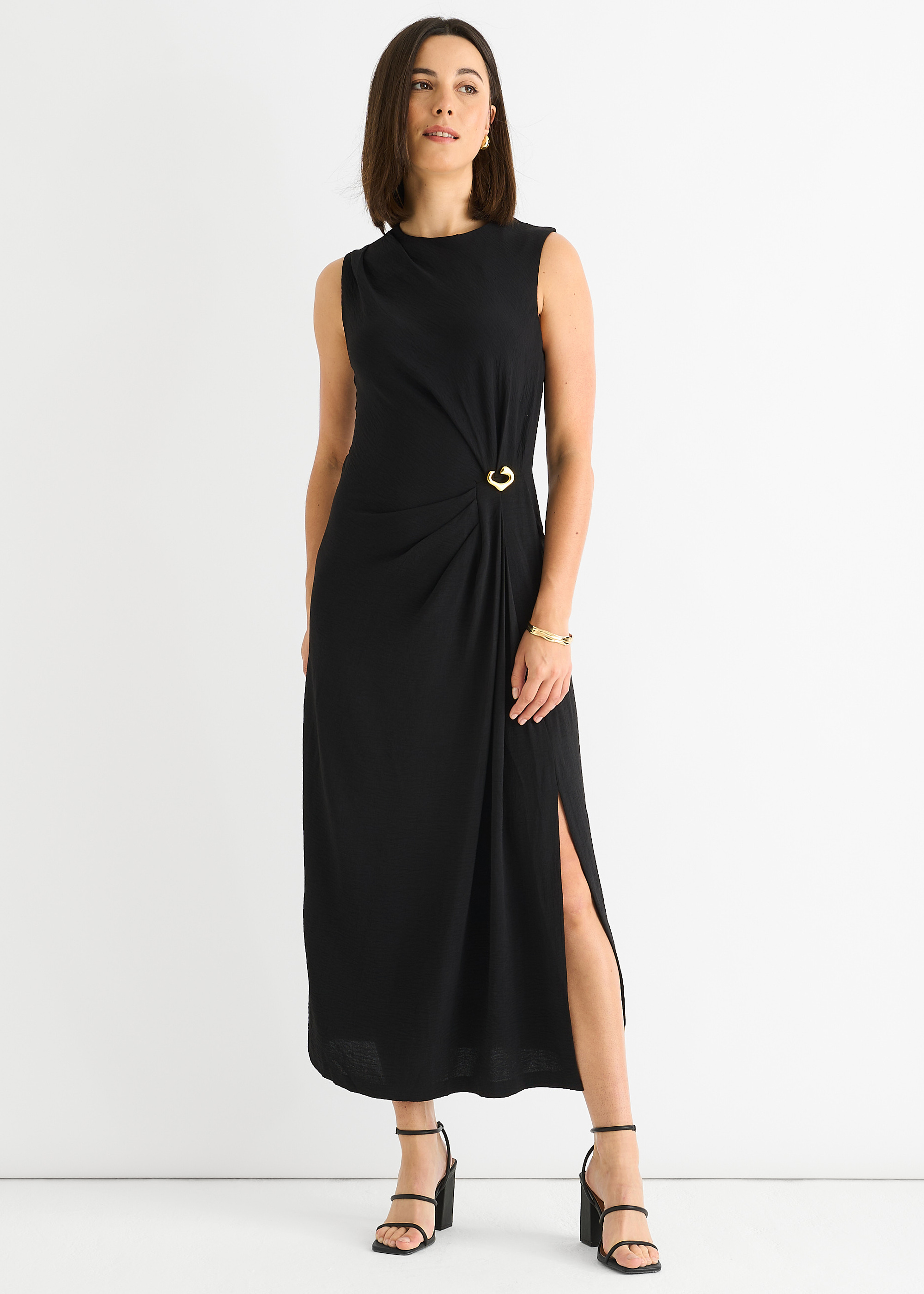 Schwarzes Midikleid mit geraffter Taille und Metallbesatz ärmellos Image