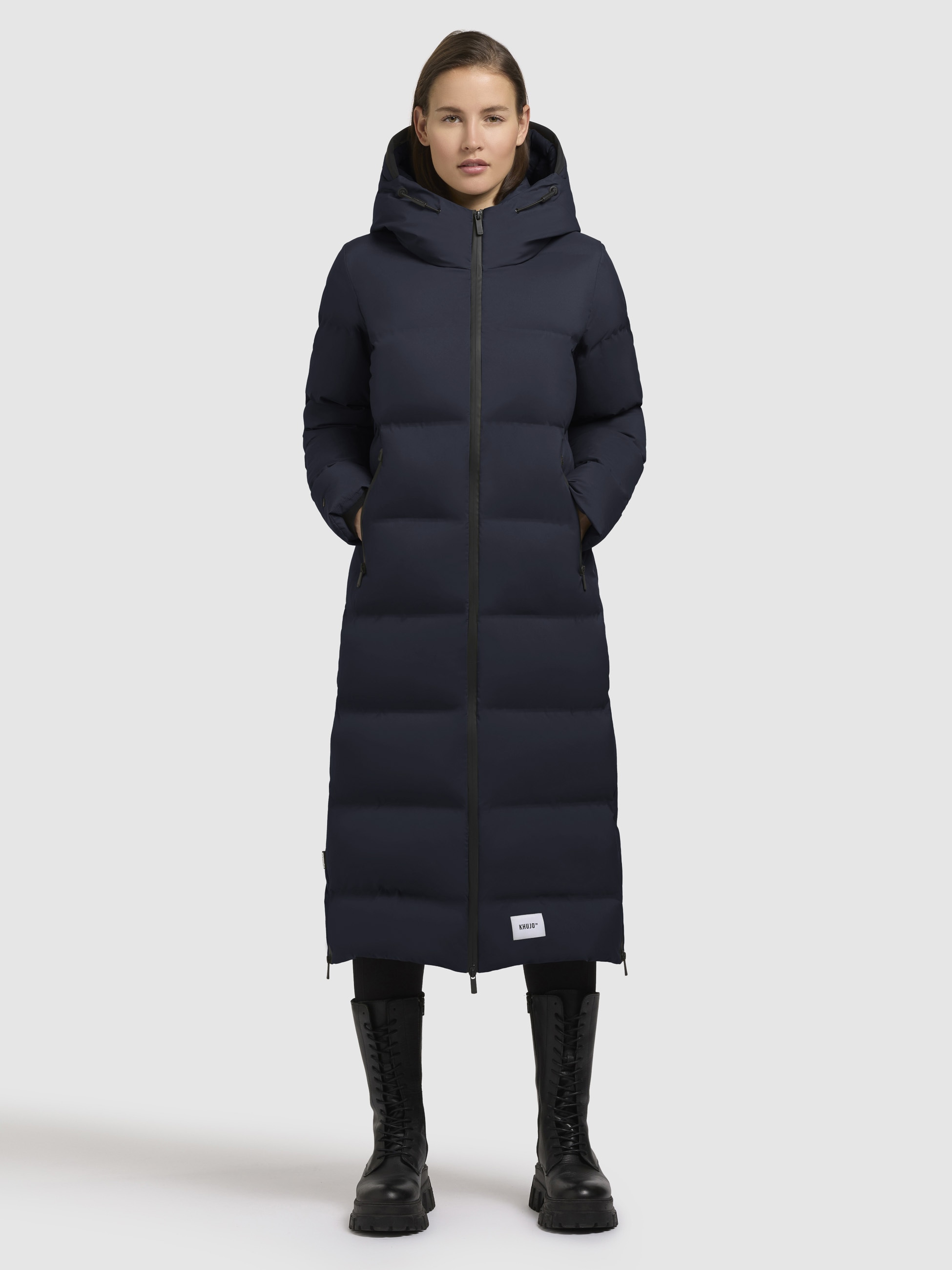Steppmantel KHUJO "LAREA3", Damen, Gr. XS, blau (dunkelblau), 100% Nylon, unifarben, regular fit wadenlang, eingesetzt elastischer Bund mit Windstopper, Mäntel Image