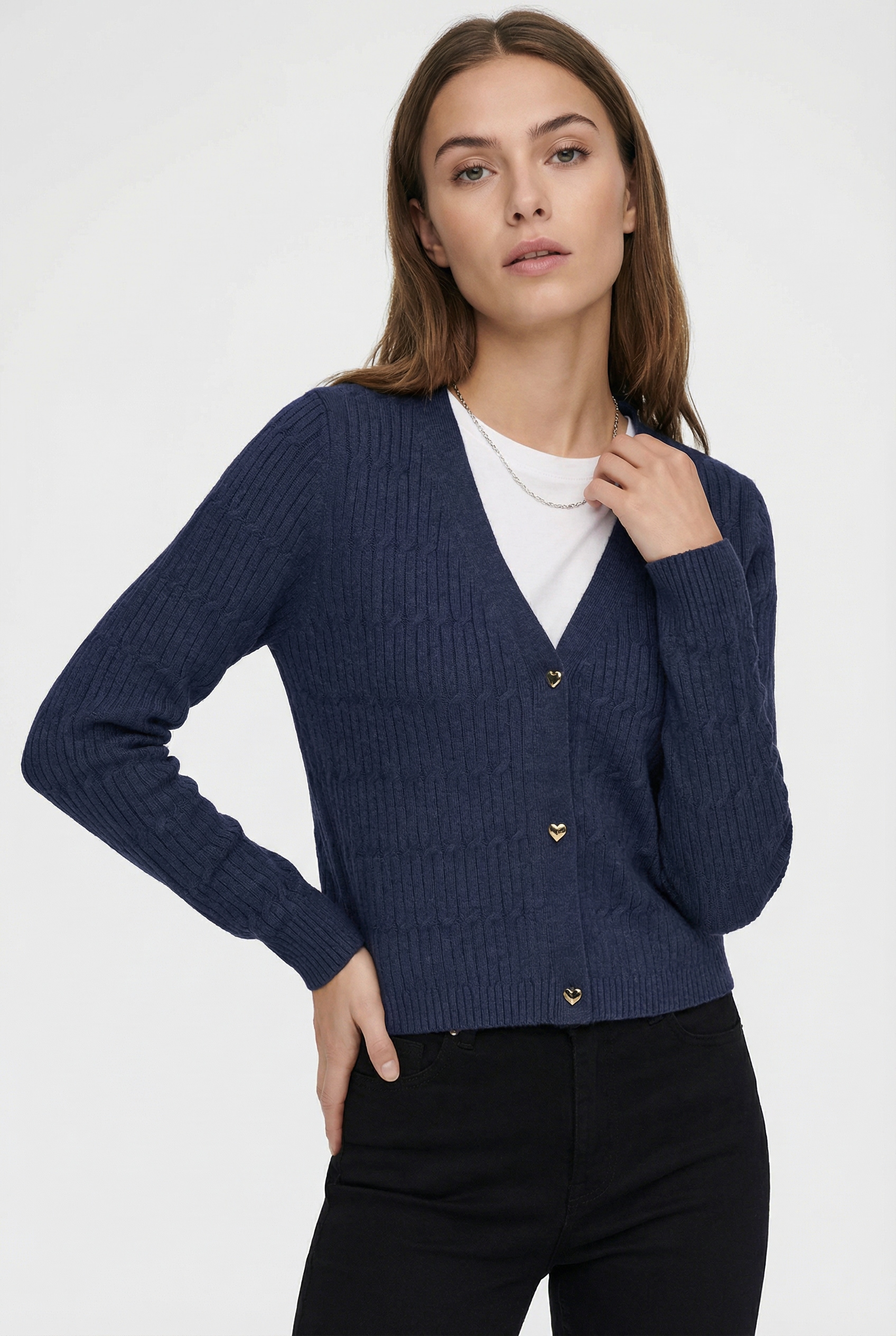 Strickjacke ONLY "ONLKATIA LS CABLE V-NECK CARDIGAN CC KNT", Damen, Gr. L, naval academy detail:with melange, Strick, Obermaterial: 50% Viskose, 27% Nylon, 23% Polyester, meliert, figurbetont normal, V-Ausschnitt, Rippbündchen, Strickjacken Strickjacke