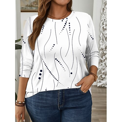 Per donna Taglia grossa Top Maglietta Grafico Geometria Stampato Manica Lunga Girocollo Casual Quotidiano Poliestere Autunno Inverno Bianco Blu