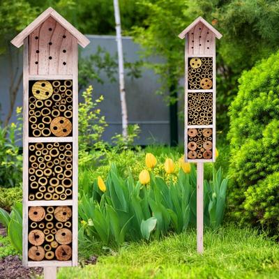 Holz Insektenhotel mit Erdspieß 78 cm - beige - Garten Deko Insektenhaus zum Aufstellen Image