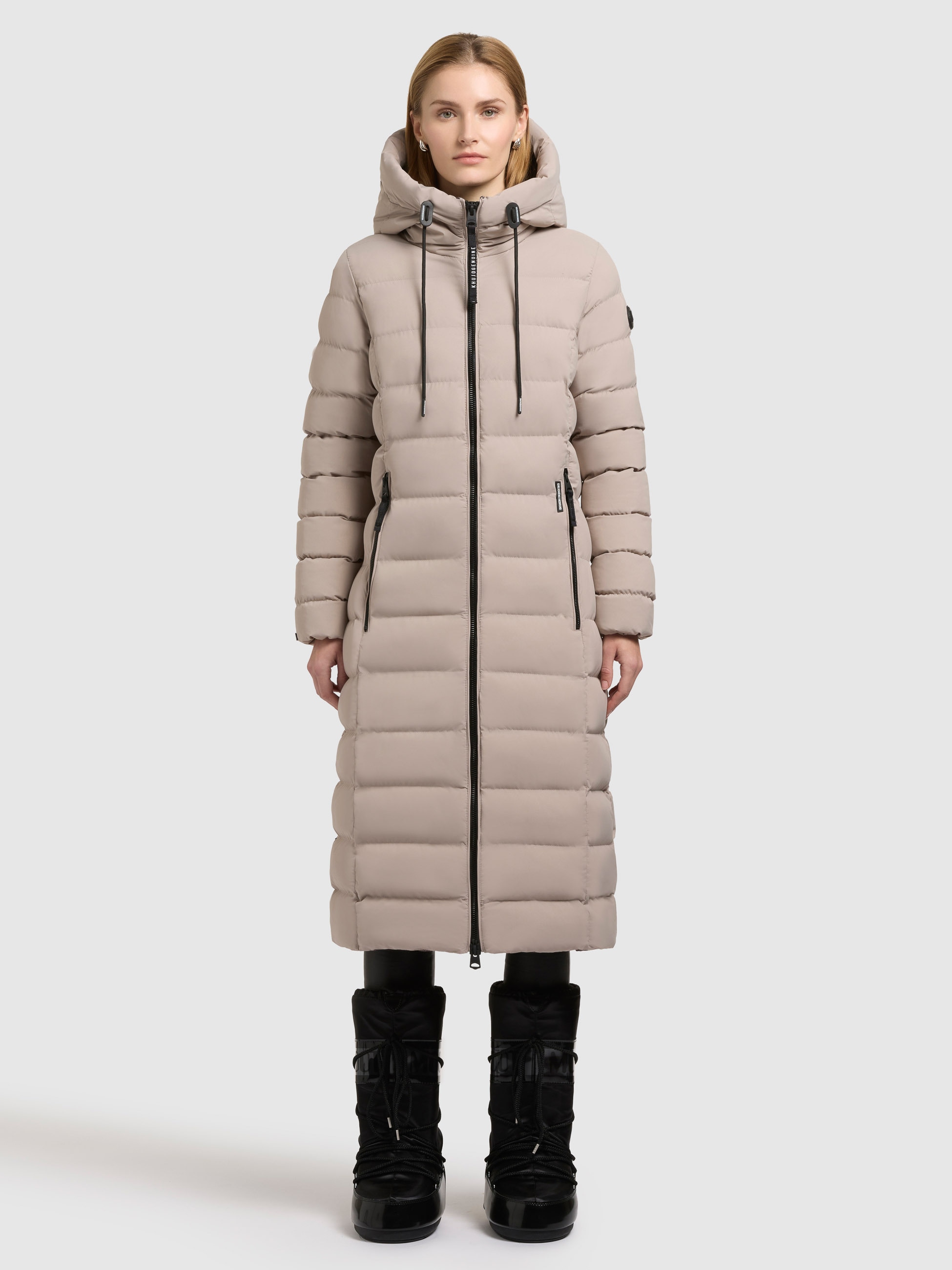 Steppmantel KHUJO "CLEO", Damen, Gr. S, beige (hellbeige), 100% Polyester, unifarben, regular fit knielang, eingesetzt elastischer Bund, Mäntel Image