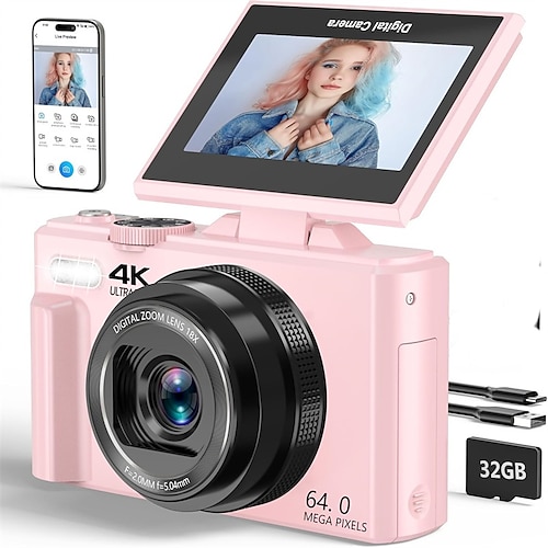 4K-Digitalkamera für Fotografie, 64-MP-Vlogging-Kamera für YouTube mit 3.180-Grad-Klappbildschirm, 18-fachem Digitalzoom, Point-and-Shoot-Kamera mit 32-GB-Micro-SD-Karte für Anfänger