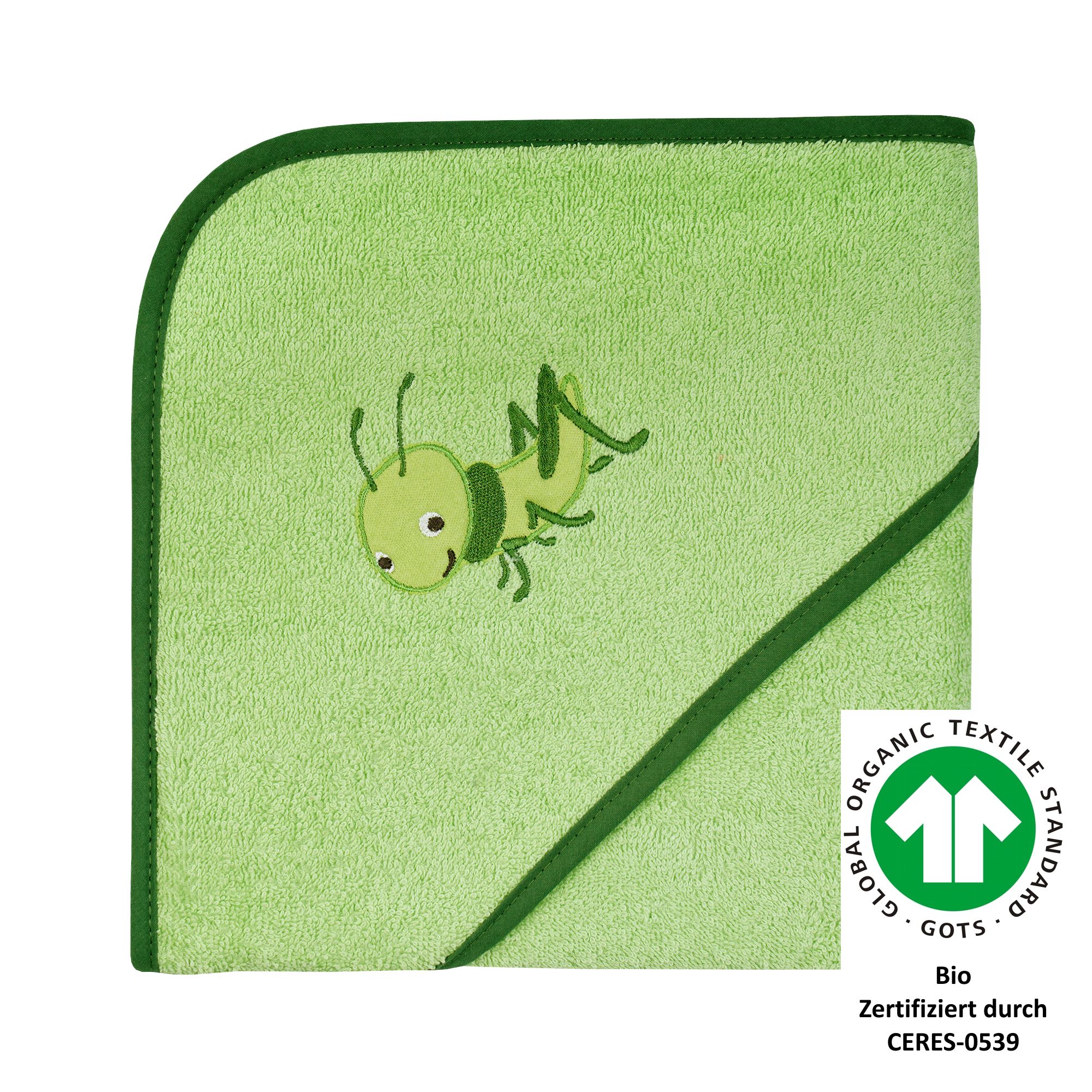 Kapuzenhandtuch WÖRNER "Grashüpfer 80/80", grün (hellgrün), B:80cm L:80cm, Frottee, Frottier, Handtücher, Biobaumwolle, mit Kapuze, maschinenwaschbar, trocknergeeignet