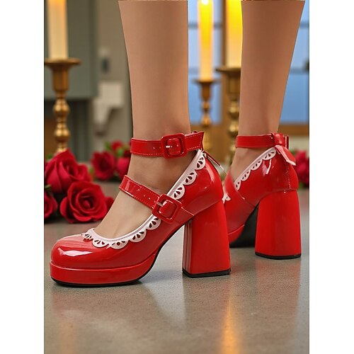Damen-Mary-Jane-Plateau-Pumps aus Lackleder – klobige Lolita-Pumps der 1950er-Jahre mit rosa Besatz für Partys, Cosplay oder ein Date Image