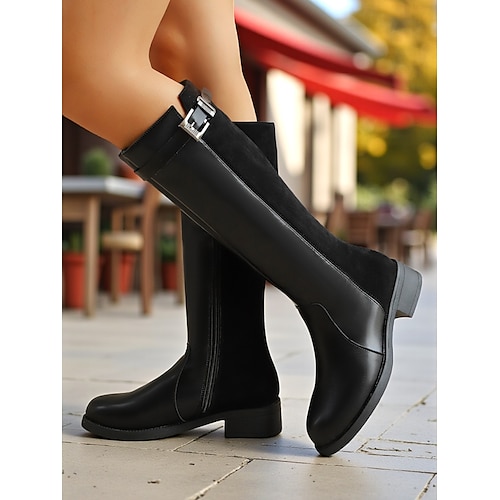 Damen Stiefel Bikerstiefel Outdoor Täglich Schnalle Reißverschluss Blockabsatz Runde Zehe Mode Spaziergang Kunstleder Kunstwildleder Reißverschluss Schwarz Braun