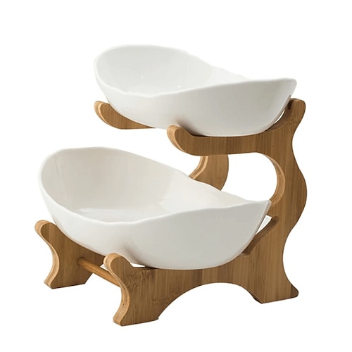 Kreativer, moderner, mehrschichtiger Obstteller, elegantes dreistufiges Snacktablett aus Bambusholz für Süßigkeiten, Desserts, Nüsse, Display für die Arbeitsplatte der Küche zu Hause