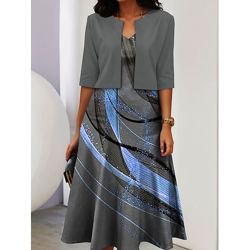 Damen Kleid-Set A Linie Kleid Sommerkleid Lässig Halbformelle Kleider Ombre Grafik Druck Midikleid Halbarm V Ausschnitt Urlaub Formell Blau Gelb Purpur Frühling Herbst Normale Passform Image