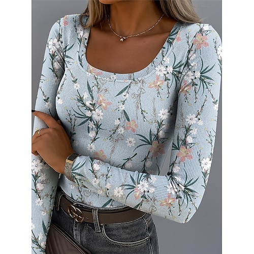 Damen T-Shirt Ripp Grafik Quadrat-Ausschnitt Langarm Lässig Floral Elegant Vintage Reguläre Oberteile Alltag Ausgehen Wochenende Druck Weiß Hellgrün Rot Blau Lila Frühling Herbst