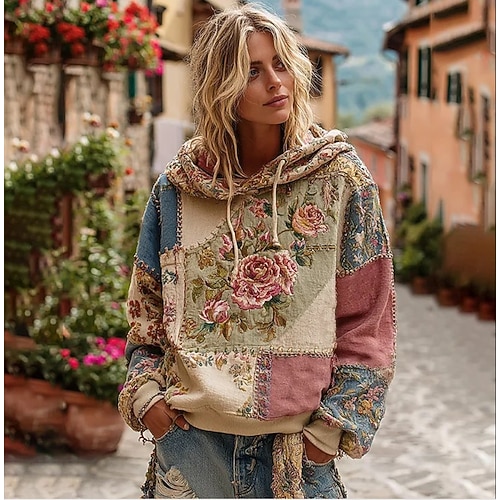 Felpa con cappuccio vintage boho 3D stampata per donne felpa patchwork con cappuccio felpa pullover floreale felpa oversize calda e attiva con cappuccio uso quotidiano da strada patchwork nero bianco