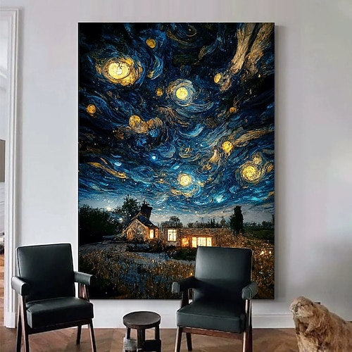 handgefertigtes Ölgemälde auf Leinwand, Wanddekoration, abstrakte ländliche Sternennachtansicht für die Inneneinrichtung, aufgespannter Rahmen, hängendes Gemälde/gerolltes rahmenloses, ungedehntes Image