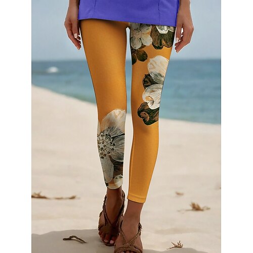 Damen Hosen Hose Leggings Gemütliche Leggings Streetwear Lässig Volle Länge Hohe Taille Blumen Elastischer Bund Druck Atmungsaktivität Bequem Dehnbar Urlaub Straße Alltagskleidung Weiß Gelb Blau Image