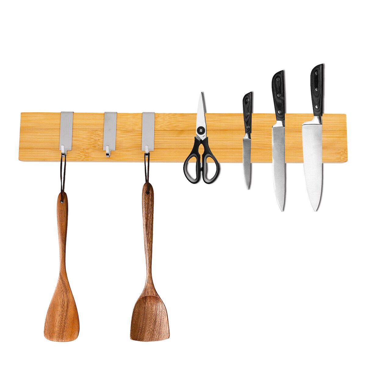 CHEFGASTRO Magnetleiste magnetische Messerleiste Messerhalter aus Bambus | HxBxT 6,2x40x2,1cm | Inkl. 3 silberne Haken | zum Kleben oder Schrauben Image