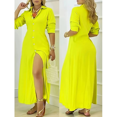 Per donna Abito Lungo Maxi Abito Abito nero Abito Camicia Abito da Cocktail Abito Formale Elegante Quotidiano Vestibilità regolare Colore Puro Manica Lunga Scollo a V Nero Bianco Giallo Blu Autunno