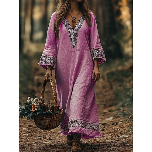 Damen Maxi langes Kleid A-Linie Kleid Urlaub Lässig Strand Reguläre Passform Grafisch Geometrisch Langarm V-Ausschnitt Pink Blau Lila Grün Sommer Frühling Herbst Image