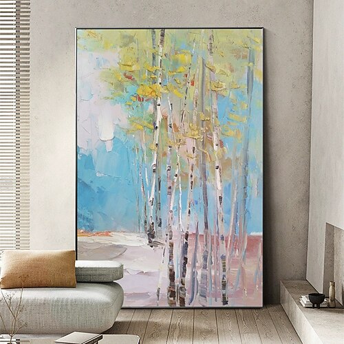 handgemachtes Ölgemälde auf Leinwand, Wandkunst, Dekoration, abstrakte Birkenwaldlandschaft für Zuhause, Wohnzimmer, Dekoration, gerollt, rahmenlos, ungedehntes Gemälde Image