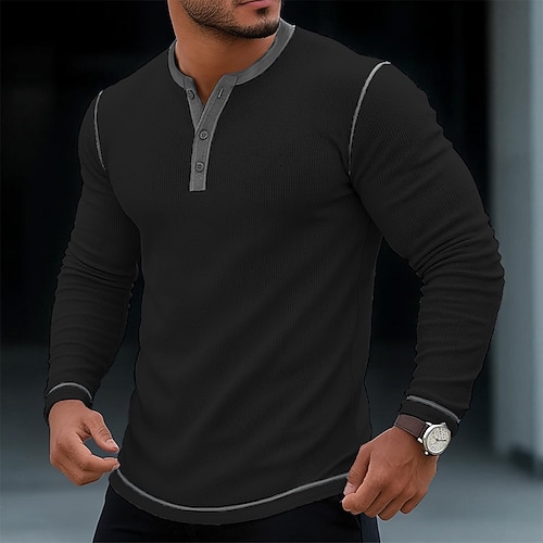 Herren T Shirt Henley Hemd Waffelstrick T-Shirt T-Shirt Langarmshirt Langarm Farbblock Einheitliche Farbe Mode Designer Basic Patchwork Henley Urlaub Straße Lässig Frühling Herbst Ganzjahres Image