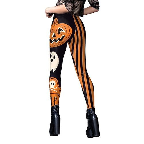 Damen Stoffhosen Leggings Streetwear Lässig Volle Länge Natürliche TaillePantsHalloween Gestreift Elastischer Bund Bequem Straße Ferien Wochenende Rot orange Schwarz Hell Orange Herbst Normale