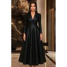 Abito Tuxedo Nero Jersey Elasticizzato A-Line Abito da Cerimonia Abito Blazer Formale Cerimonia Lungo Maniche Lunghe Seta Collo a Picco Seta con Glitter
