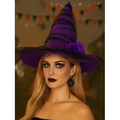 Damen Halloween Hexenhut mit Rose und Netzschleier – Gothic Spitzhut für Kostümpartys, Cosplay Motto-Events Image