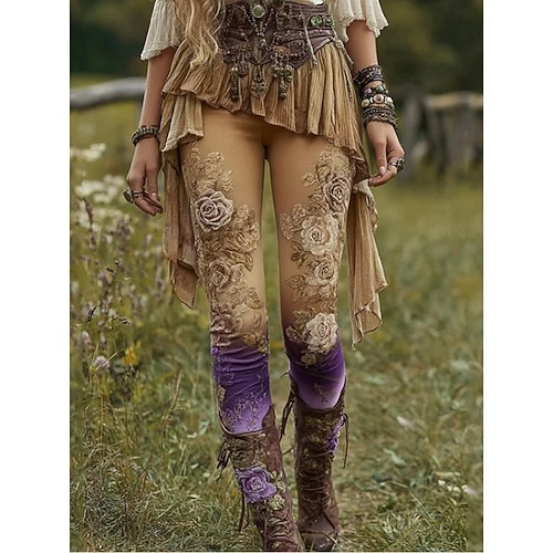 Frauen 3D Druck Leggings Urlaub Vintage Mode Voll Längs Hohe Taille Hosen Karneval Floral Grafik Druck Thermisch Warm Weich Atembar Elastisch Urlaub Straße Grau Grün Amethyst Pink Gelb Image