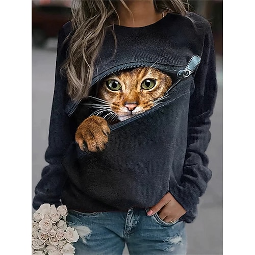 Damen Pullover Sweatshirt Kapuzenshirts Druck Grafik Tiermotiv Katze Mode Lässig Langarm Rundhalsausschnitt Rundhals Normale Oberteile Straße Alltagskleidung Schwarz Dunkelblau Frühling Herbst Winter Image