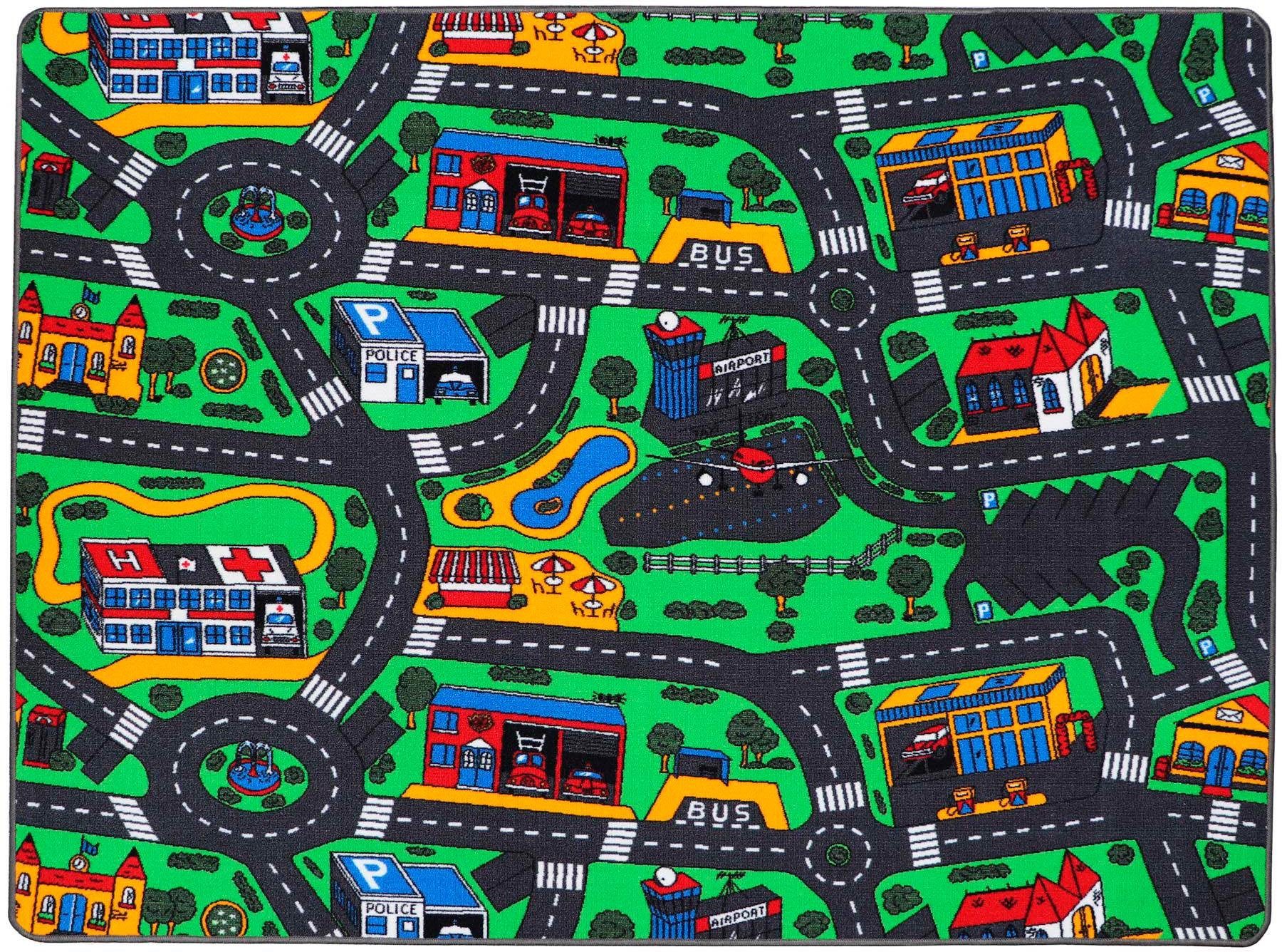 Kinderteppich "CITY, Made in Belgium", grün, B:160cm H:5mm L:200cm, Polyamid, PRIMAFLOR-IDEEN IN TEXTIL, Teppiche, Kinderteppich, Straßen-Spiel-Teppich, Straßenbreite ca. 9 cm, Kinderzimmer