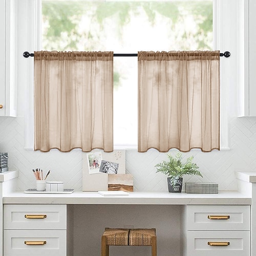 Küchenvorhang, einfarbig, Polyester, kurze Vorhänge für Wohnzimmer, Schlafzimmer, Küchenthekenteiler, transparente Sichtschutzvorhänge Image