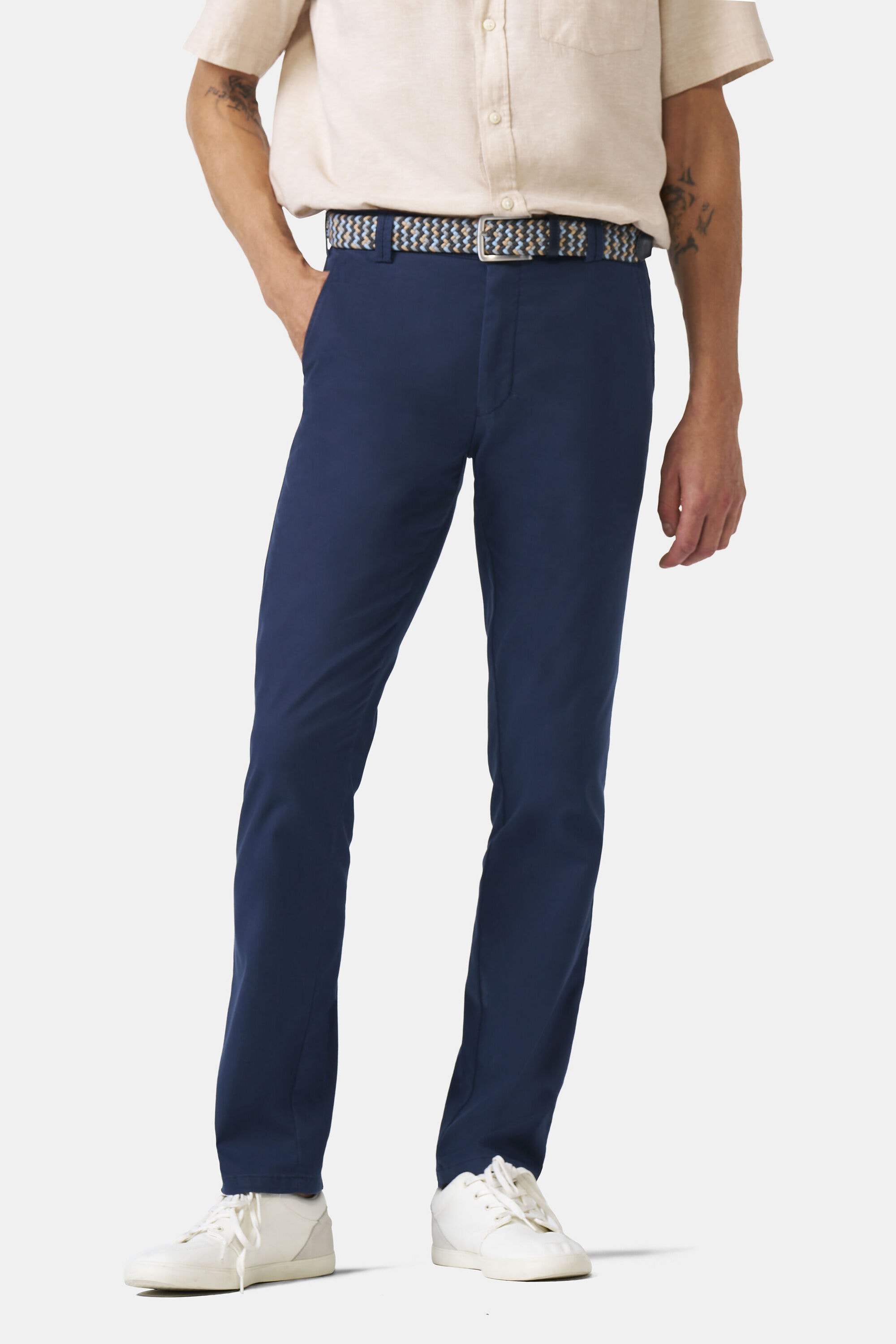 Chinos MEYER "BONN Art.1-8121", Herren, Gr. 23, Normalgrößen, blau (marine), 75% Baumwolle, 21% Polyester, 4% Elasthan, unifarben, regular fit lang, Hosen, mit Ultra Flex Bund
