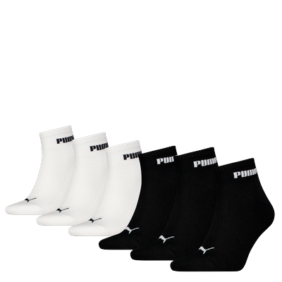Kurzsocken PUMA "PUMA UNISEX CUSH NEXT QUARTER 6P ECOM", Damen, Gr. 43-46, schwarz-weiß (schwarz, weiß), Materialmix, unifarben, Socken, mit feuchtigkeitstransportierender Technologie Image