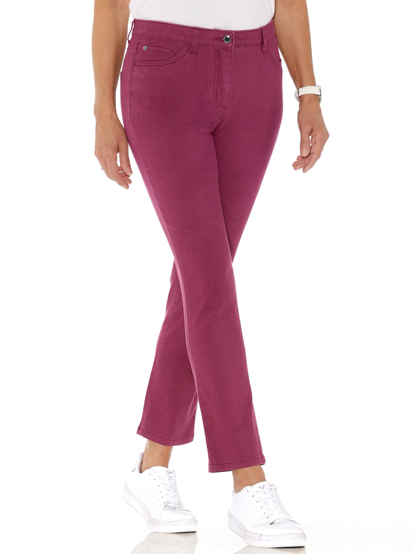 Stretch-Jeans CASUAL LOOKS, Damen, Gr. 25, Kurzgrößen, rot (bordeaux), 96% Baumwolle, 4% Elasthan, unifarben, lang, Jeans