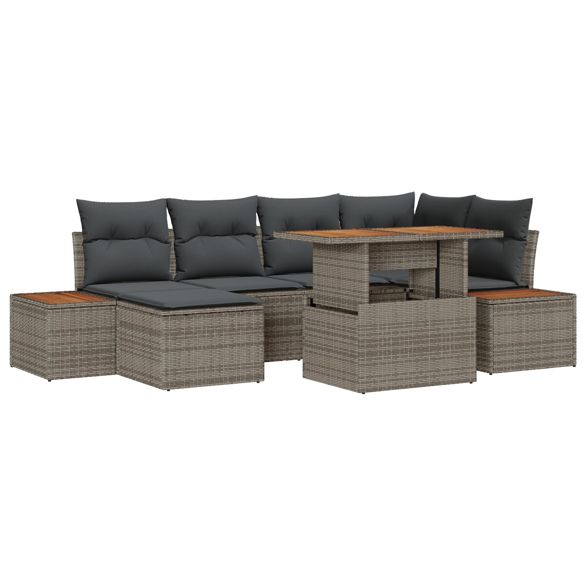 vidaXL 7-teiliges Garten-Dining-Set mit Kissen in Grau aus Poly-Rattan und Akazienholz Image
