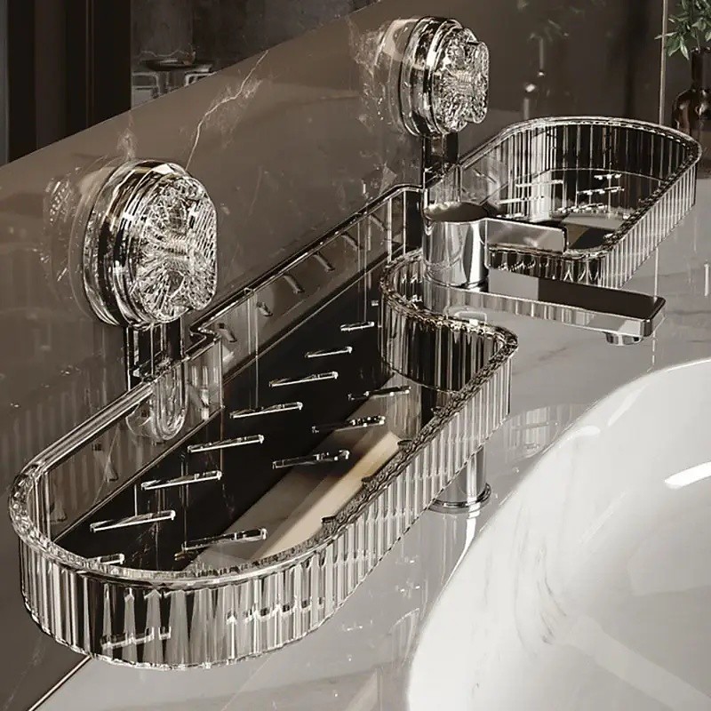 Clear Plastic Wall-Mounted Bathroom Organizer Shelf with Suction Cups No-Drill Removable Design Under-Sink Shelf Perfect for Vanity, Shower Bathroom Essentials, Bathroom Organizers