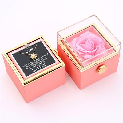 To My Love Necklace with Forever Roses Box, Christmas Gift for Her, Romantic Rotating Jewelry Box with Soap Flowers and Eternal Rose, Flip Design Packaging for Proposal, Valentine's Day, Ann