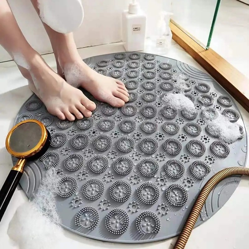 Shower Mat, Round Shower Stall Mat, PVC Bathtub Mat, Non Slip Bath Mat with Suction Cups and Drain Holes, Machine Washable for Bathroom Bathtub Swimming Pool